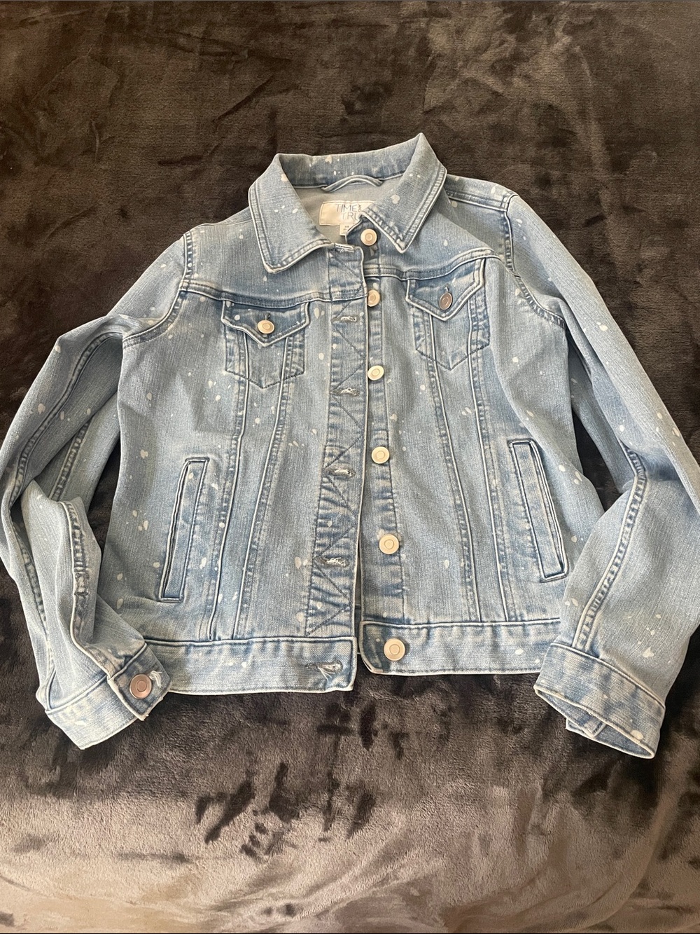 Time and Tru Light Blue Washed Denim Jacket with Paint Splatter